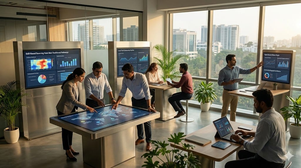 Recruiters using advanced digital tools and AI-driven dashboards to identify and engage top talent from diverse, non-traditional channels, in a modern collaborative workspace.