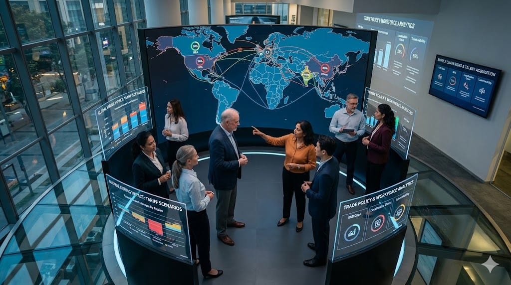 Business leaders analyzing global trade data with shipping routes, tariffs indicators, and hiring trends visualized on advanced digital displays in a modern strategic environment