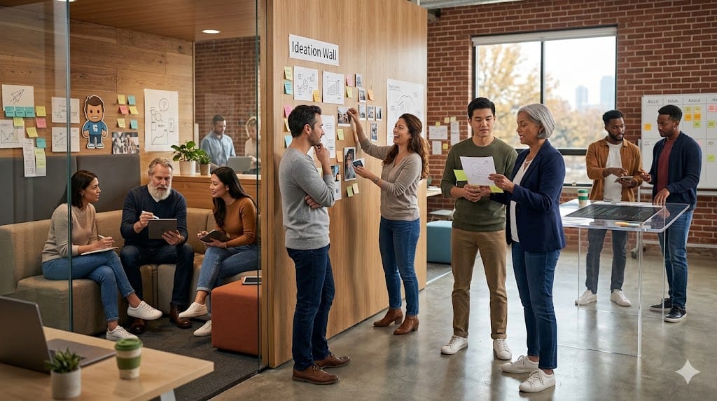 A diverse executive team engaging with new hires, showcasing company culture and teamwork to inspire emotional commitment