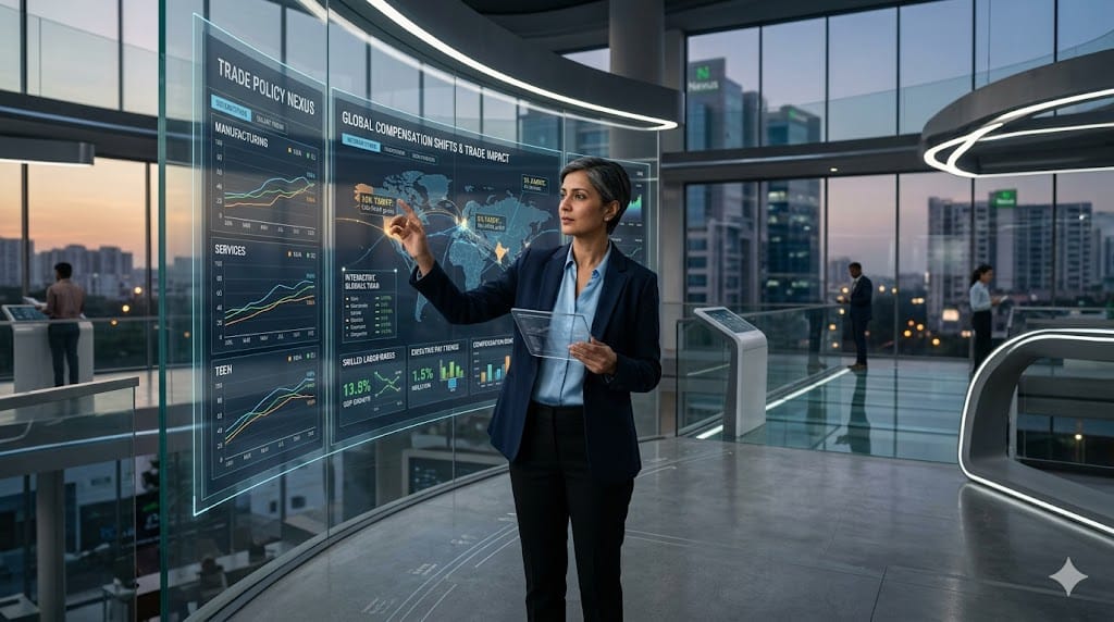 Policy expert analyzing compensation trends with global trade data, salary graphs, and financial indicators displayed on advanced digital interfaces.