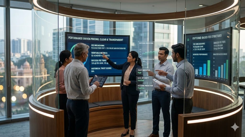 Business professionals reviewing transparent pricing models with clear fee structures and performance-based metrics displayed on digital interfaces.