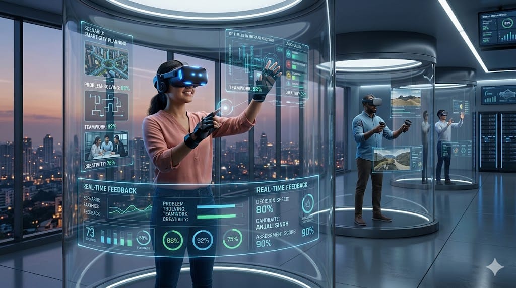 Candidates participating in immersive virtual assessment simulations with interactive digital environments, AI feedback, and real-time performance evaluation