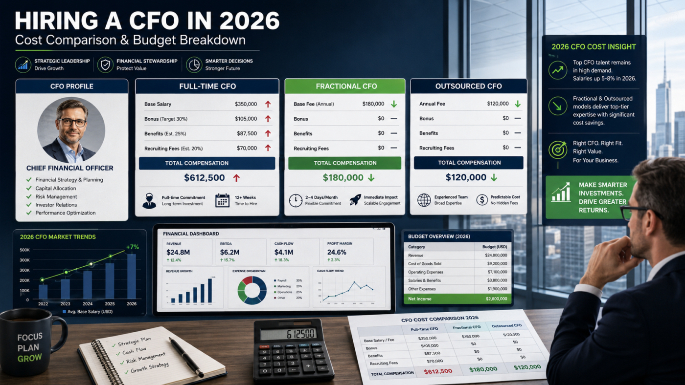CFO hiring cost breakdown for 2026 showing full-time salary, fractional CFO retainers, recruiting fees, and total budget options for growing businesses.