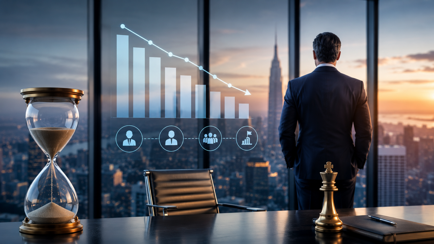 Data-driven 2026 CEO tenure statistics dashboard showing shrinking average chief executive tenure around 6–7 years, record global CEO turnover, and regional differences in how long corporate leaders really stay in the role