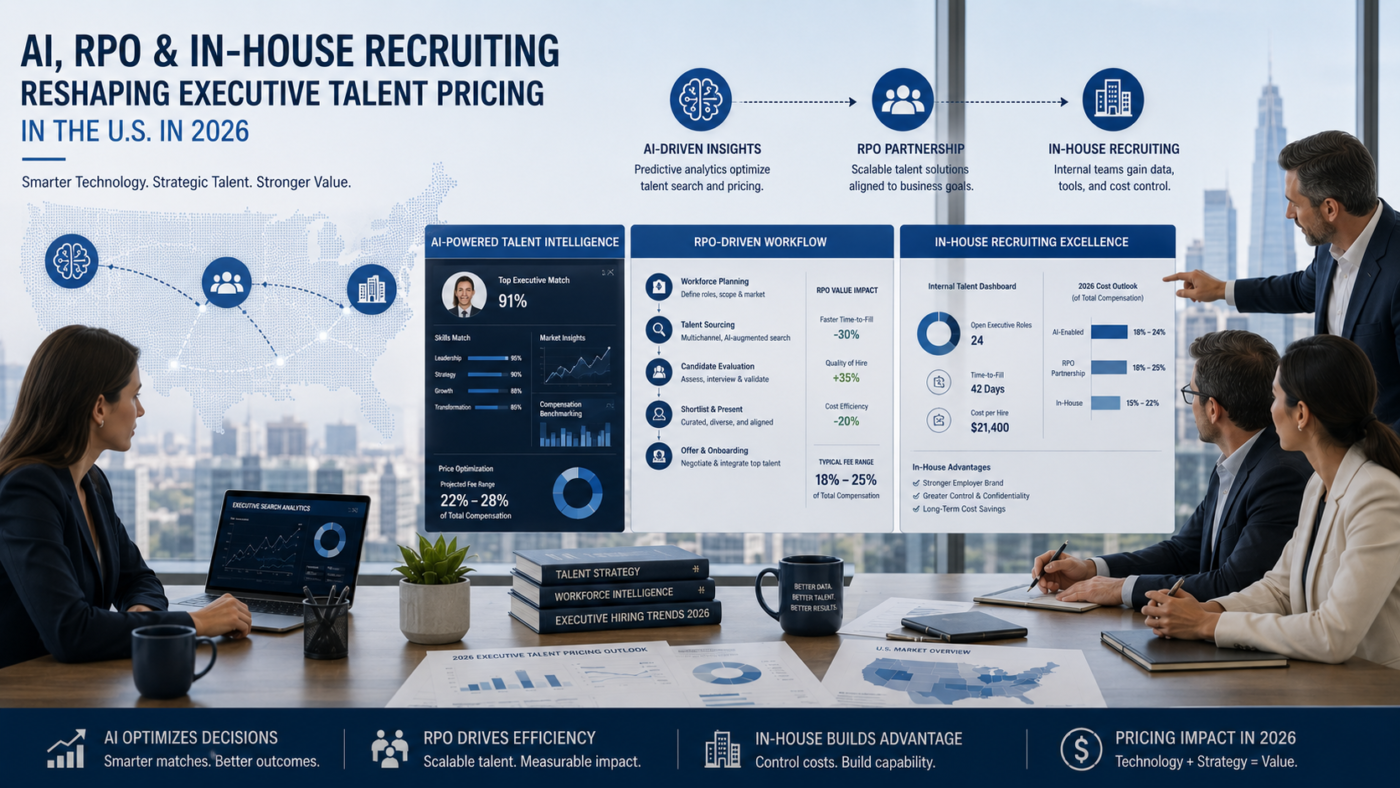 Editorial business illustration showing AI, RPO, and in-house recruiting influencing executive talent pricing with dashboards and hiring workflows.