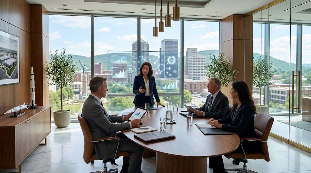 Senior executives and an executive search consultant discussing C-suite hiring strategy in a modern Alabama corporate office with a contemporary city skyline in the background.
