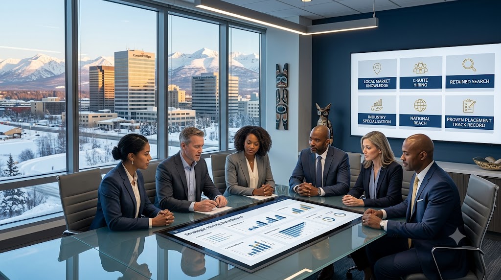 Anchorage skyline with executive recruiters and employers reviewing Alaska executive search strategy, leadership hiring priorities, and 2026 hiring guide insights for employers.