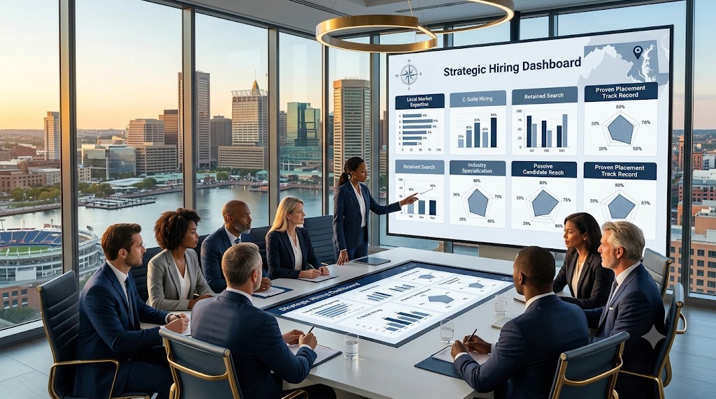 Baltimore skyline with executive search leaders and employers reviewing top executive search entities, leadership hiring strategy, and 2026 recruitment guidance for Maryland businesses.