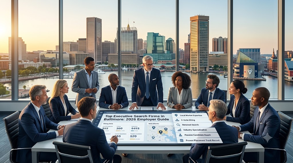Baltimore skyline with executive search consultants and employers reviewing top executive search firms, leadership hiring strategy, and 2026 recruitment guidance for Maryland businesses.