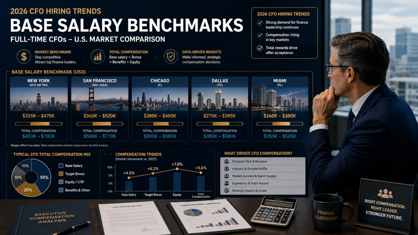 Finance leader reviewing base salary benchmarks for full-time CFO roles across US markets, with compensation bands, city comparisons, and 2026 executive pay data.
