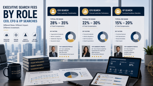 Editorial business illustration comparing executive search fees for CEO, CFO, and VP roles with charts, hiring documents, and cost tiers.