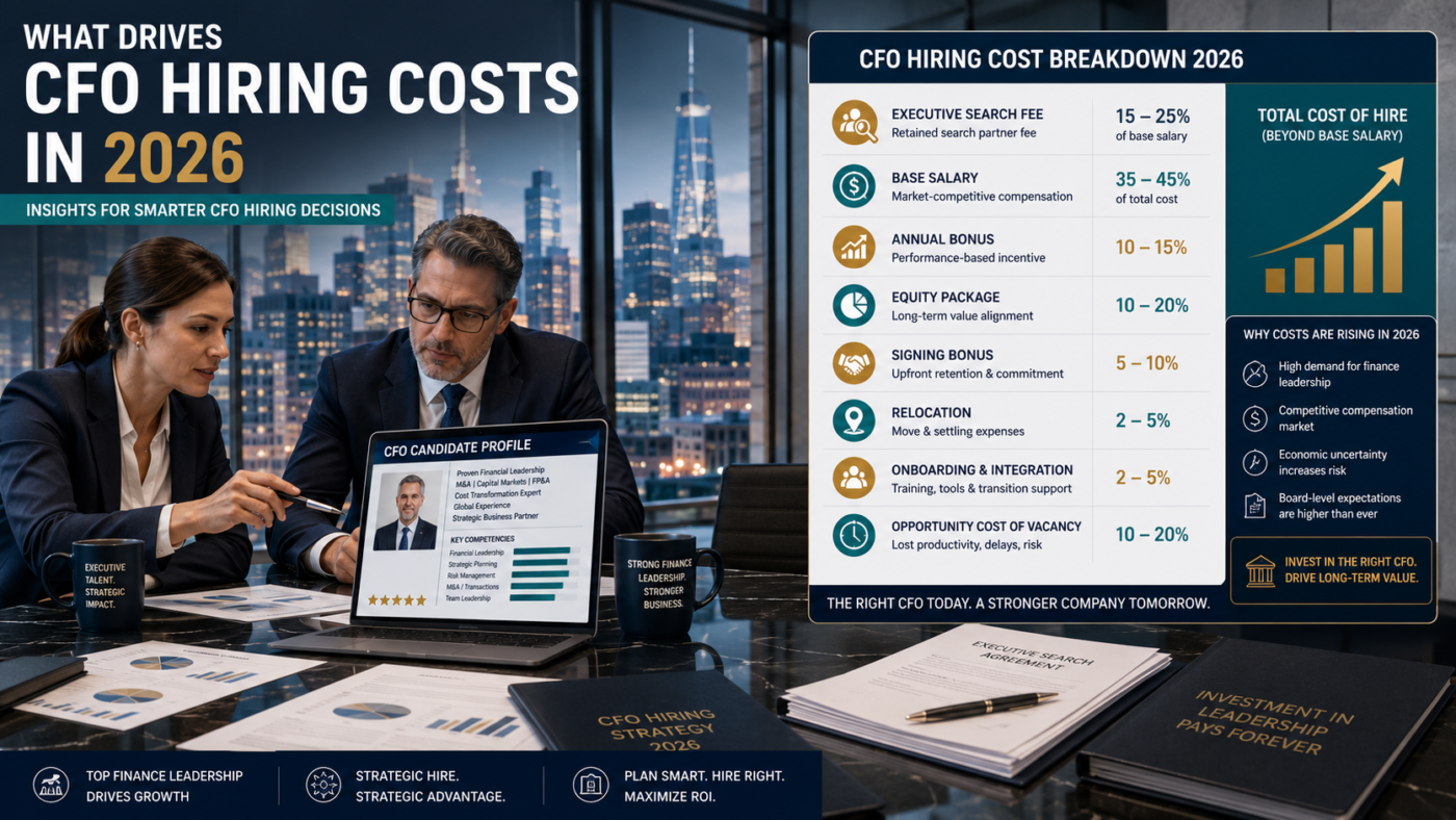CFO hiring costs in 2026 illustrated with salary, search fees, relocation, equity, and onboarding expenses for US companies.