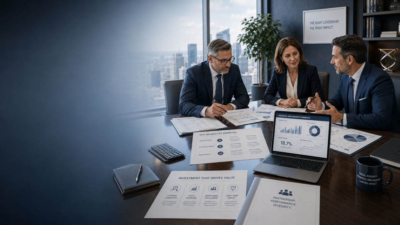 CFO and board members reviewing executive search fees, budget documents, and partnership metrics during a finance strategy meeting.