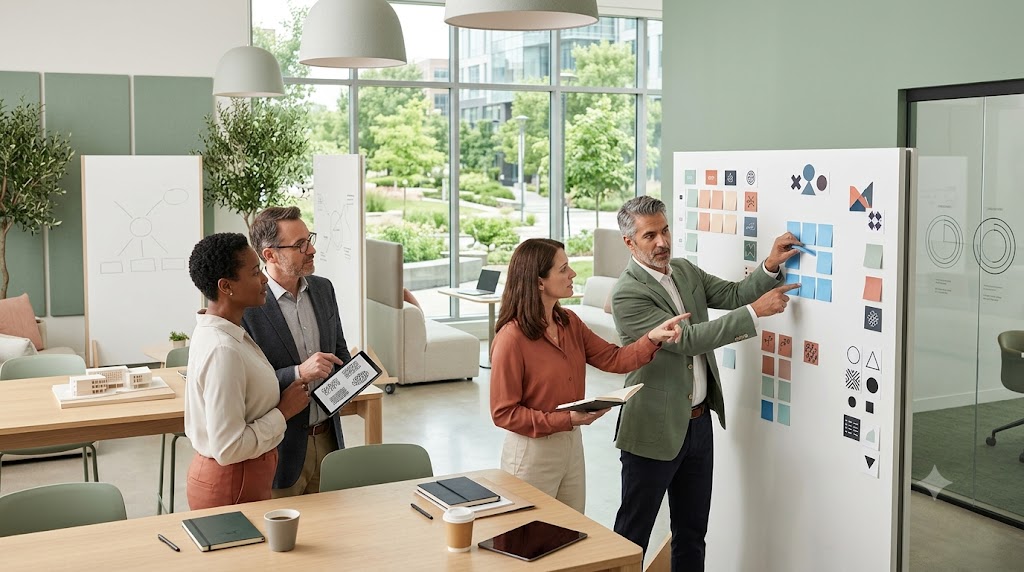 Executive leadership team aligning on role expectations and organizational culture during a collaborative planning workshop in a modern corporate workspace.
