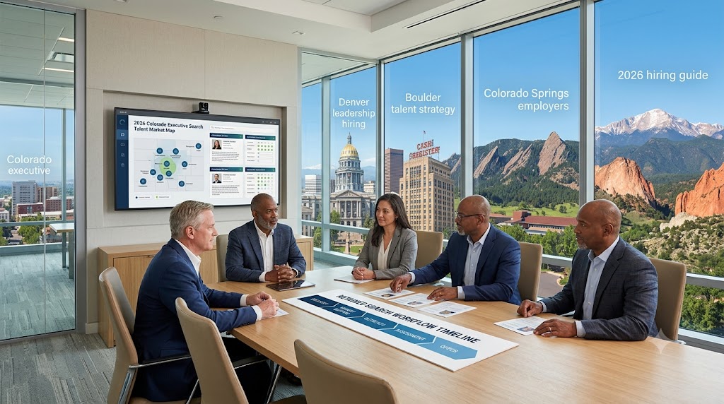 Colorado executive search hiring guide for 2026 showing Denver, Boulder, and Colorado Springs employers evaluating leadership candidates, market mapping, and retained search strategy across key business hubs