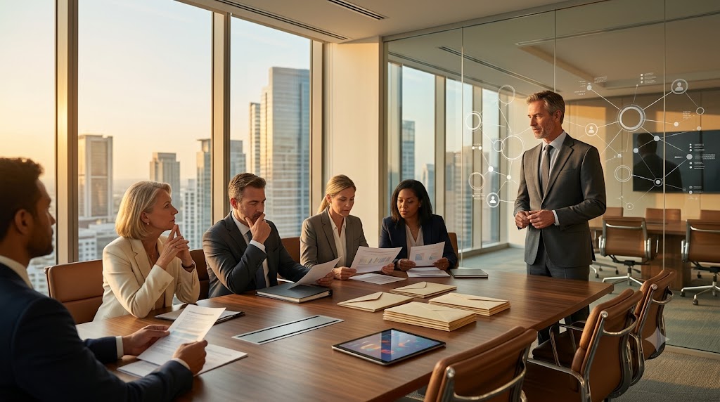 Corporate leadership team carefully evaluating an executive search partner during a strategic boardroom meeting before making a hiring decision.