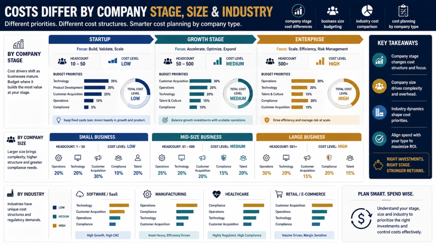 Side-by-side cost comparison dashboard showing how expenses vary by company stage, business size, and industry, with startup, growth, and enterprise panels for clearer budgeting decisions.
