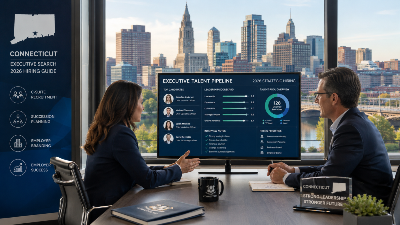 Connecticut executive search team guiding employers through 2026 hiring strategy for C-suite and VP roles, with Hartford skyline, candidate pipeline visuals, and boardroom recruiting analysis.