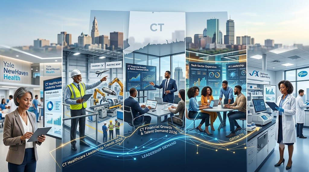 Connecticut sectors driving leadership demand across the state, with executives in healthcare, manufacturing, finance, technology, and life sciences shaping 2026 hiring needs.