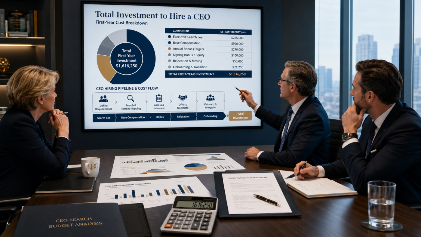 Board members reviewing CEO search fees, compensation, and total hiring investment during an executive search budget meeting.