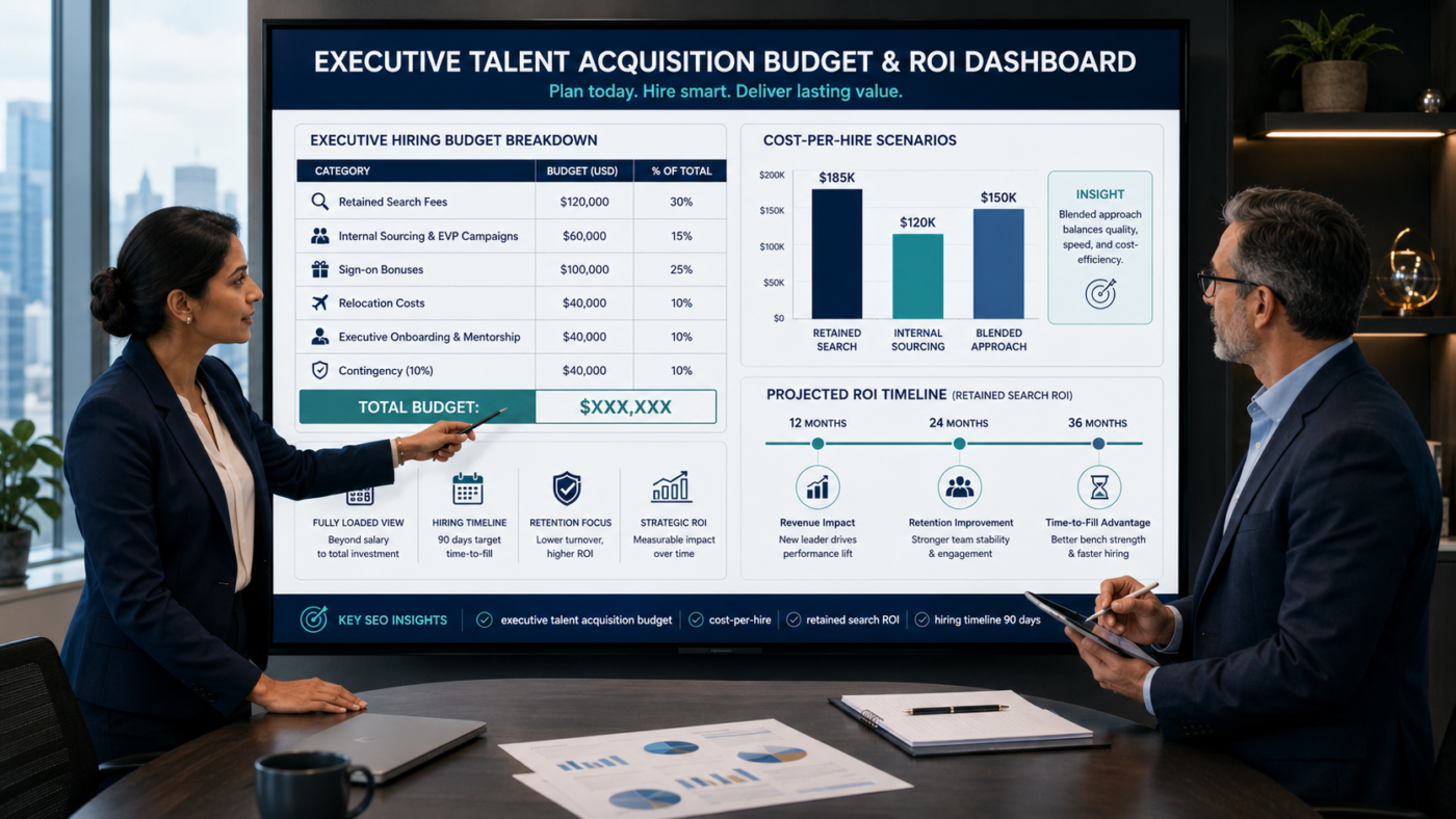Corporate talent acquisition leader reviewing an executive hiring budget dashboard (cost-per-hire, search fees, sign-on incentives, retained search vs in‑house sourcing, and projected 12–36 month ROI) with a 90‑day hiring timeline and performance KPIs.