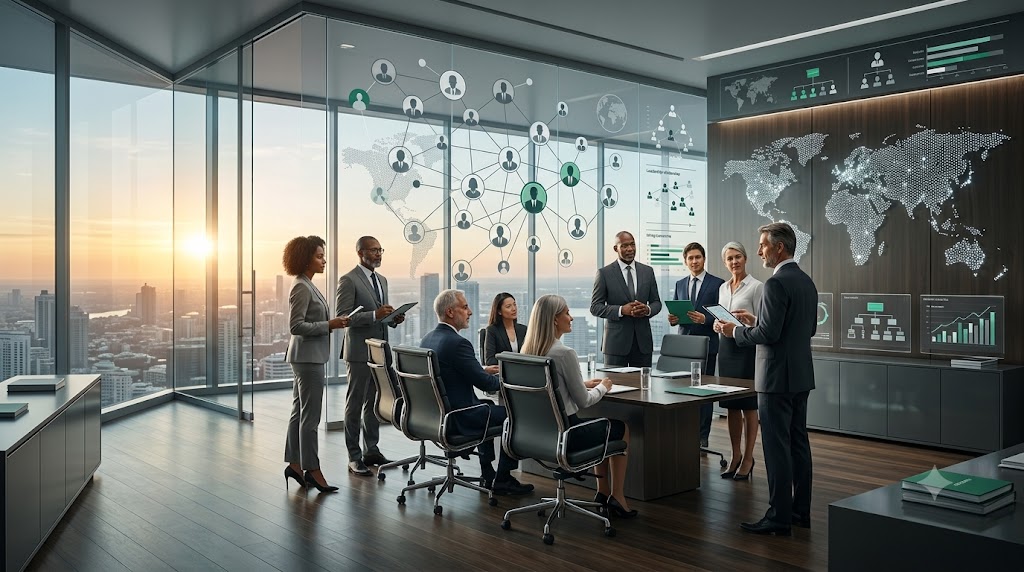 Business executives reviewing an executive search firm's leadership network, recruitment reach, and hiring performance through interactive talent analytics in a modern strategy room.