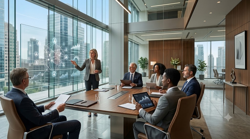 Executive leadership team assessing an executive search firm's industry expertise and leadership network during a strategic boardroom presentation.
