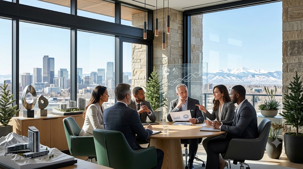Senior executives reviewing executive compensation strategy and leadership market insights in a modern Colorado corporate office overlooking the Denver skyline.
