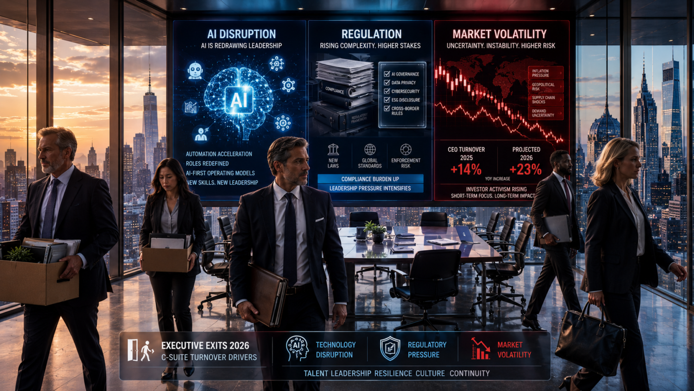 2026 global executives walking away from a glass-walled boardroom as AI disruption, new regulations, and intense market volatility flash across digital risk dashboards, symbolizing key drivers of CEO and C‑suite exits