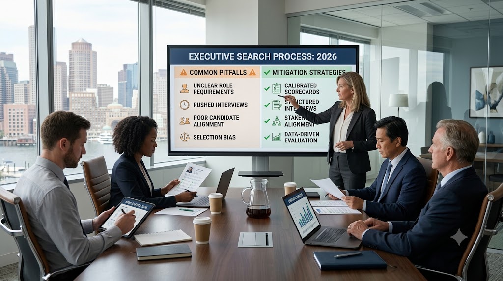 Executive hiring team identifying and correcting common pitfalls in leadership recruitment, with candidate evaluation, interview alignment, and decision-making safeguards for 2026 success.