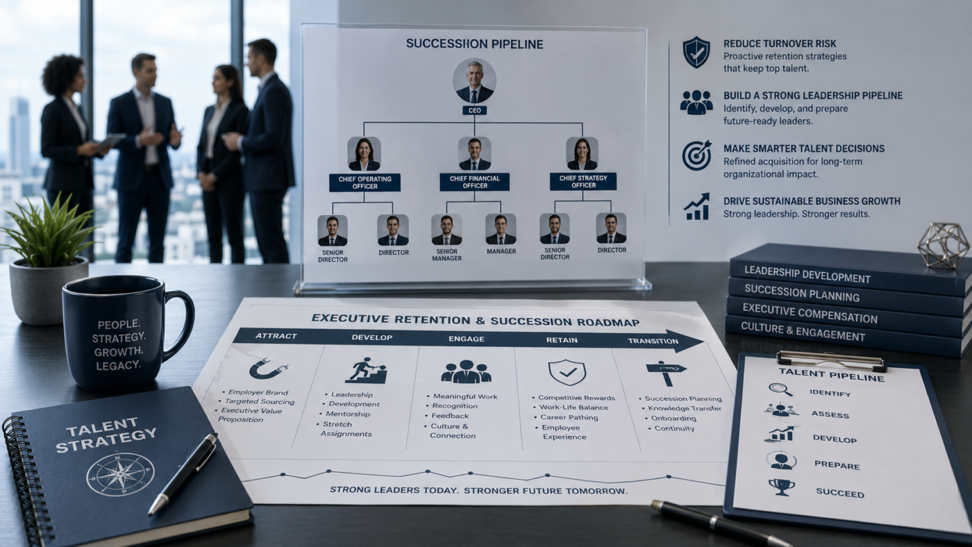 Business illustration of executive retention and succession planning with a leadership roadmap, team hierarchy, and talent pipeline.