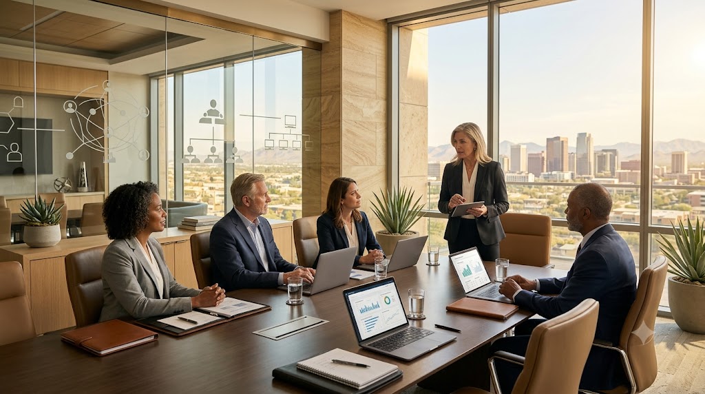 Executive search consultants meeting with company leaders to plan a senior leadership hiring strategy in a modern Arizona corporate headquarters overlooking the Phoenix skyline.