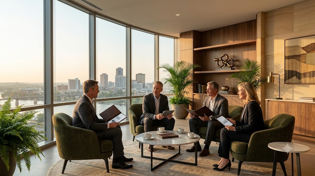 Executive recruiters and business leaders discussing a senior leadership hiring strategy inside a modern Arkansas corporate headquarters with natural daylight and regional city views.