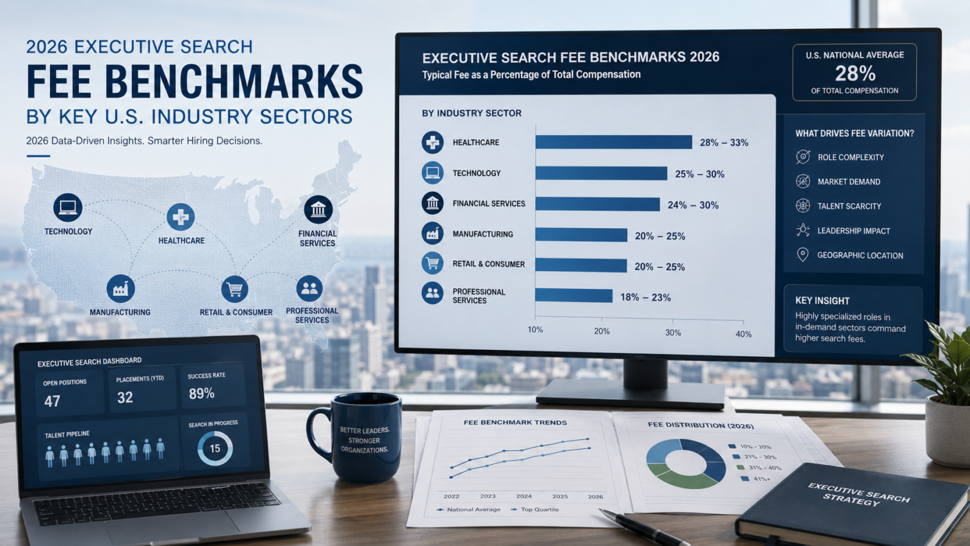Editorial business illustration showing executive search fee benchmarks across U.S. industries with charts, market data, and hiring analysis.