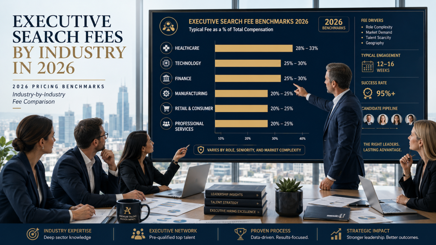 Executive search fees by industry 2026 pricing benchmarks, showing recruitment cost comparisons across healthcare, tech, finance, manufacturing, and retail for hiring C-level leaders.