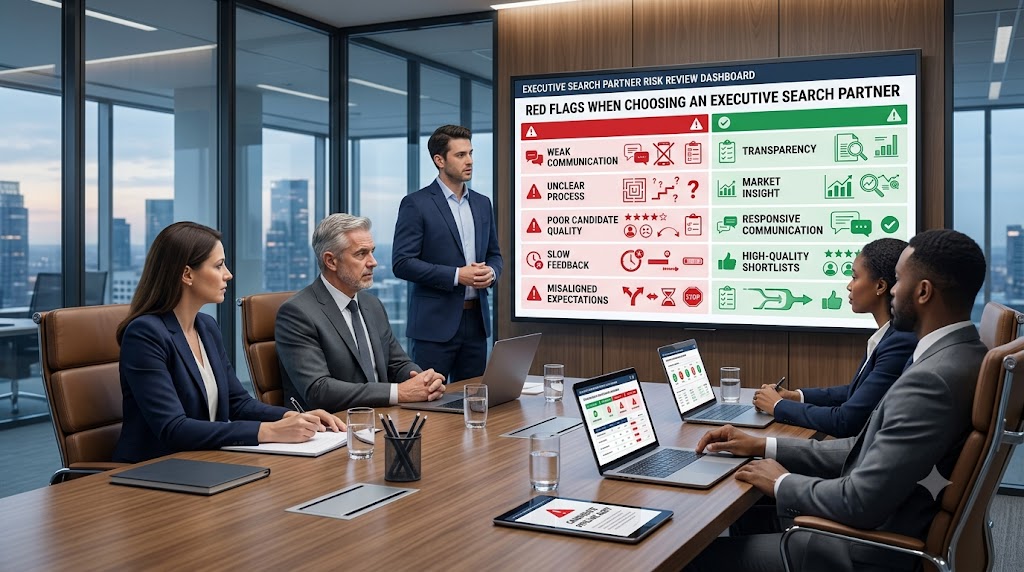 Executive hiring team reviewing warning signs when choosing an executive search partner, including weak communication, unclear process, poor candidate quality, and misaligned expectations.