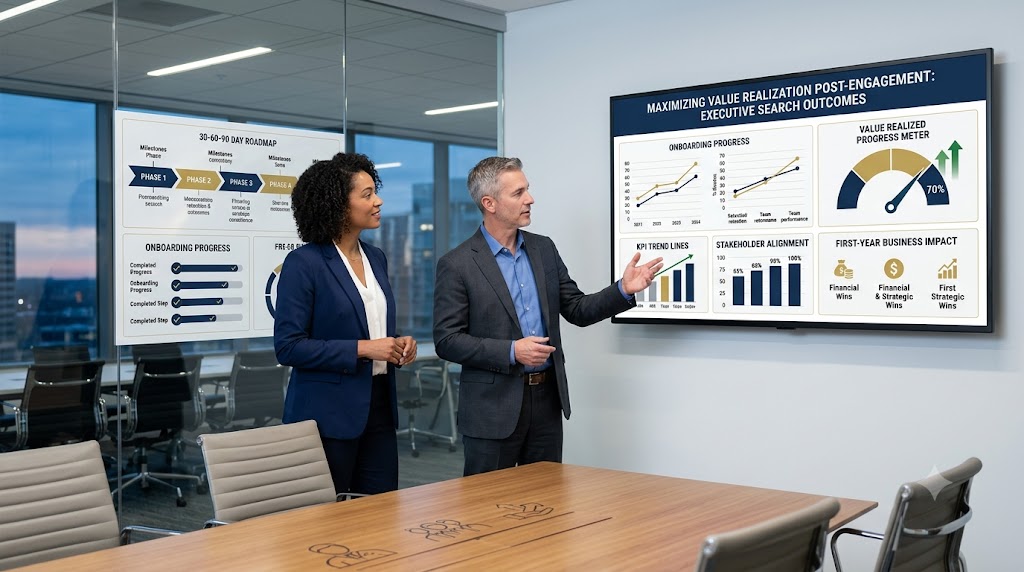 Executive search consultant and new leader reviewing post-placement success metrics, onboarding milestones, and business impact dashboard to maximize value realization after engagement.