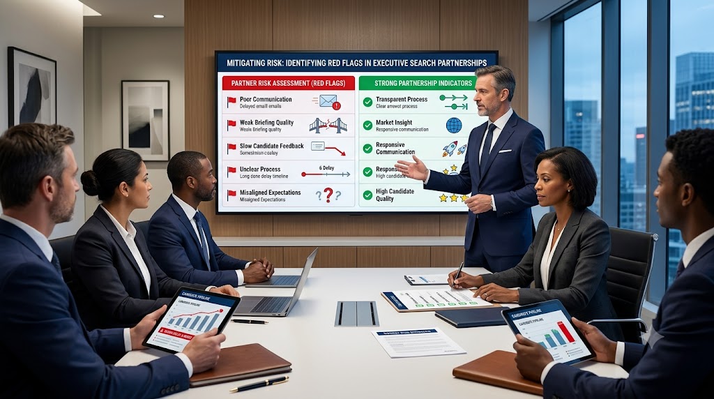 Executive hiring team reviewing red flags in an executive search partnership, including weak communication, unclear process, and misaligned expectations during vendor evaluation.