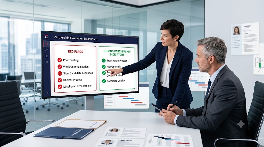 Executive hiring team reviewing warning signs in a search partnership, with a checklist of communication gaps, poor brief quality, slow response times, and misaligned expectations.