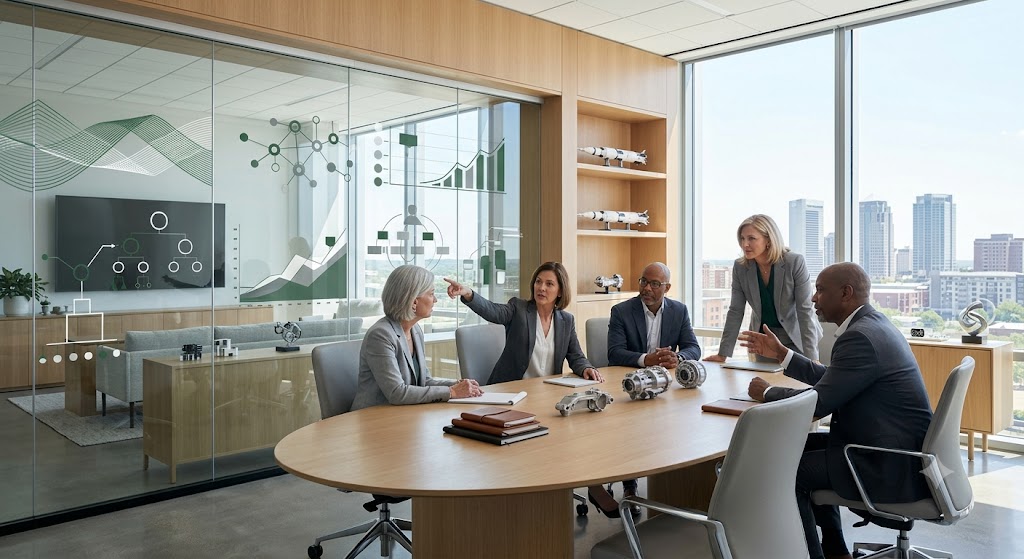 Senior executives discussing leadership growth and executive workforce planning in a modern Alabama corporate innovation center.