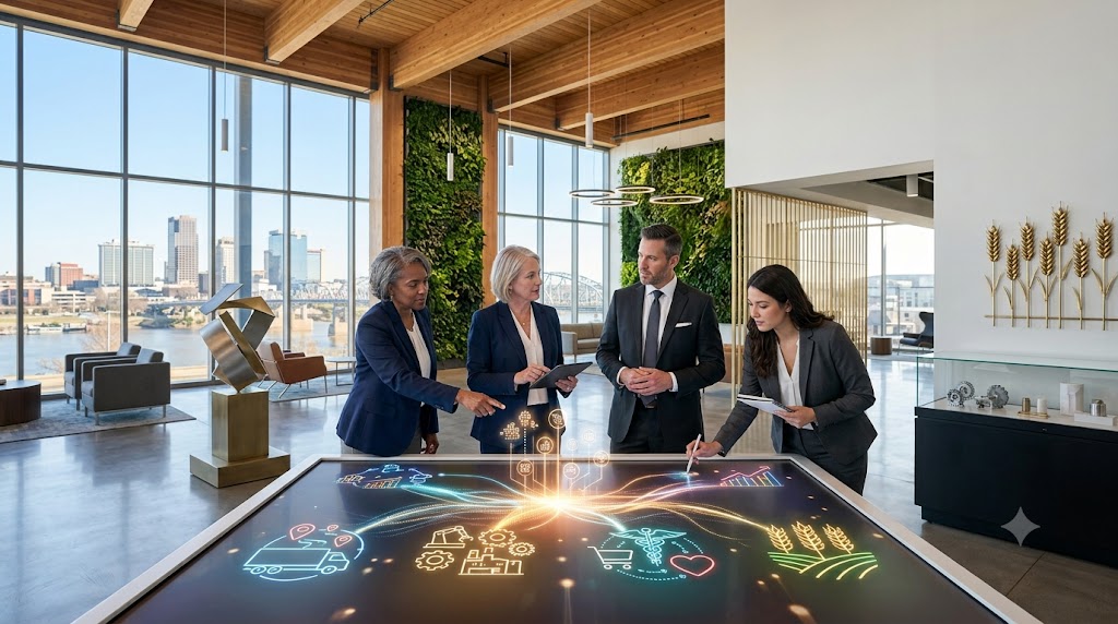 Senior executives reviewing business growth opportunities in a modern Arkansas innovation center overlooking the Arkansas River and downtown Little Rock.