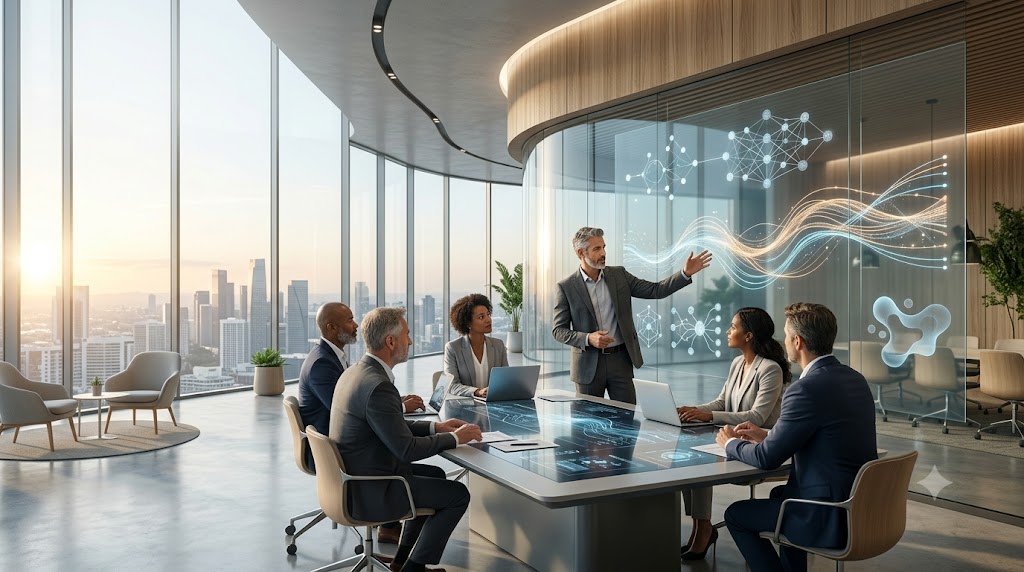 Senior executives collaborating in a modern innovation boardroom while planning agile leadership strategies for future business growth.