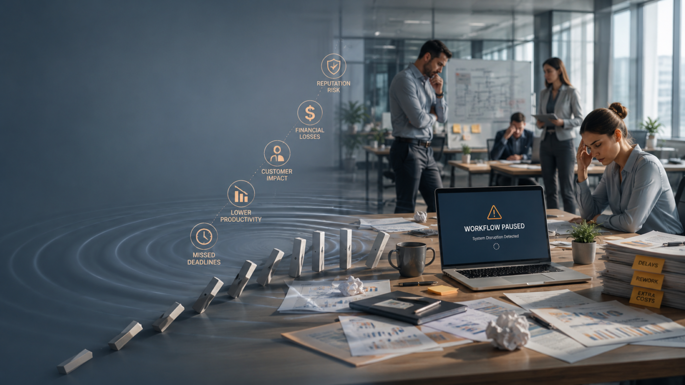 Editorial business illustration of a disrupted workflow with subtle financial ripple effects, charts, documents, and a stressed office team.