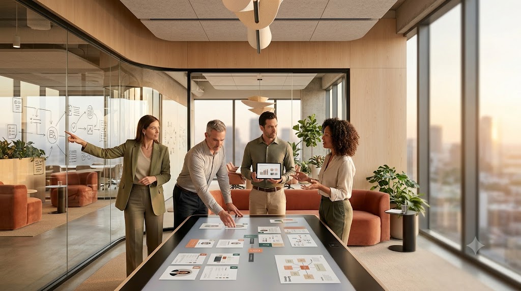 Executive leadership team and search consultant reviewing hiring progress during a collaborative strategy workshop in a modern corporate innovation space.