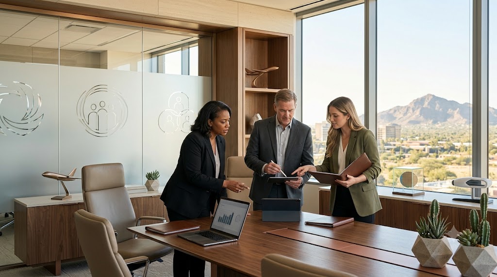 Senior business executives discussing industry-focused executive hiring strategies in a modern Arizona corporate office overlooking the Phoenix skyline.