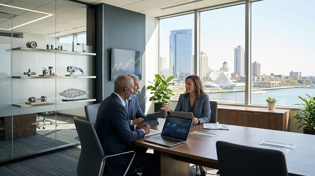 Senior executives discussing leadership growth and executive hiring strategy in a modern Milwaukee corporate headquarters overlooking the downtown skyline.