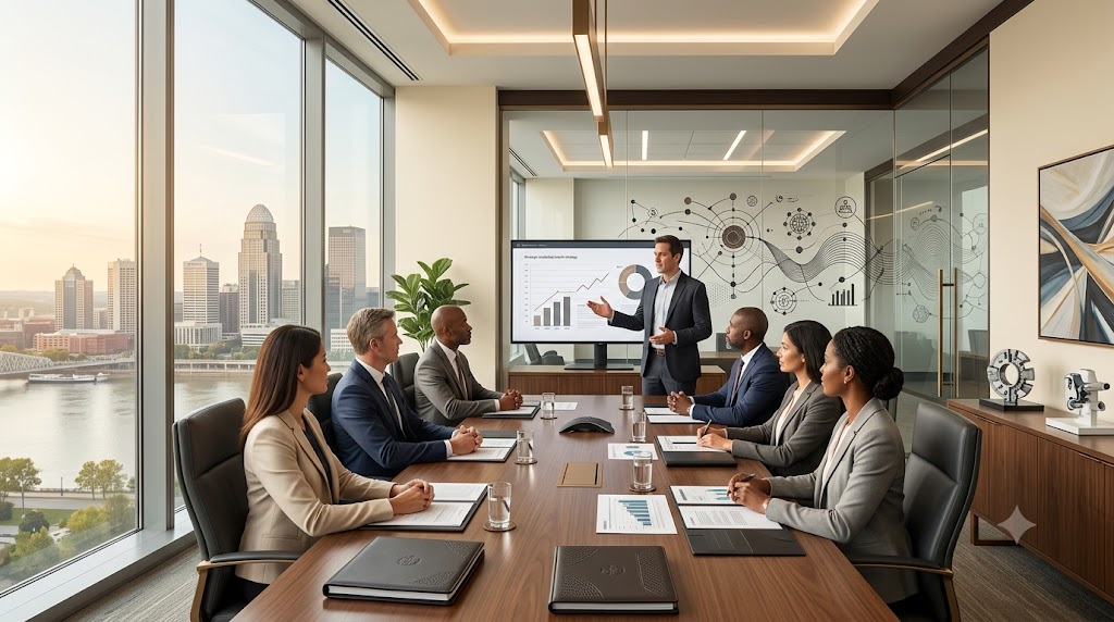Company executives evaluating an executive search firm's capabilities during a strategic leadership hiring meeting in a modern Louisville office.