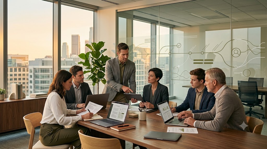 Executive search consultant and company leadership collaborating on a strategic hiring roadmap during an executive recruitment engagement.