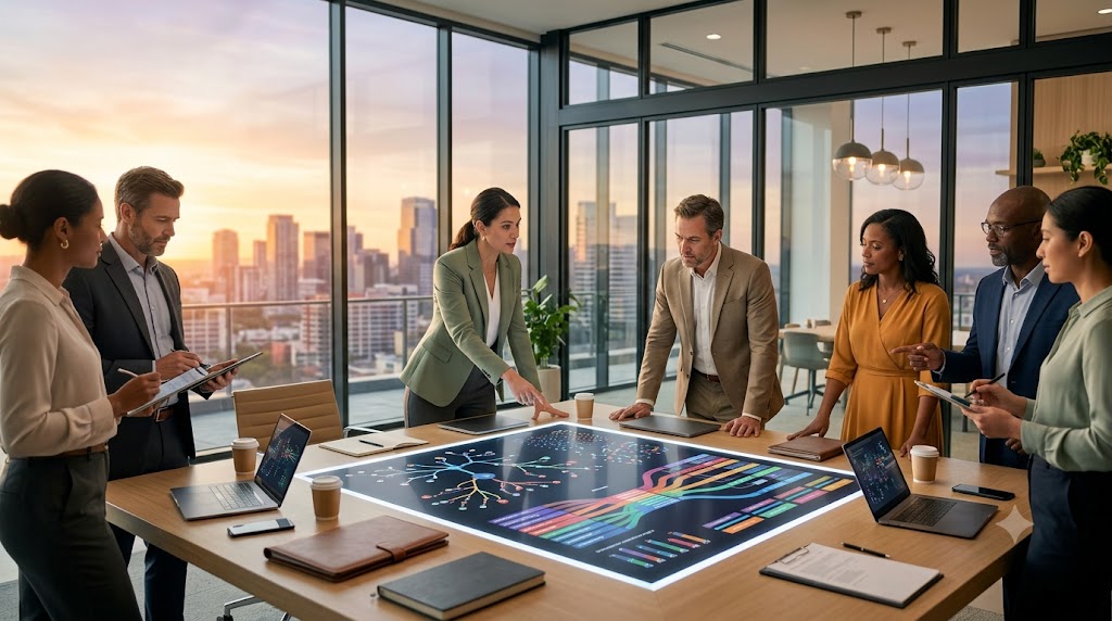 Executive search consultant and company leadership launching a strategic executive hiring initiative during a collaborative planning session.