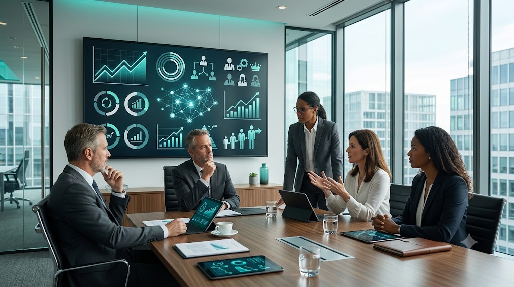 Corporate leaders reviewing executive placement performance metrics and leadership outcomes on a modern business analytics dashboard during a strategy meeting.